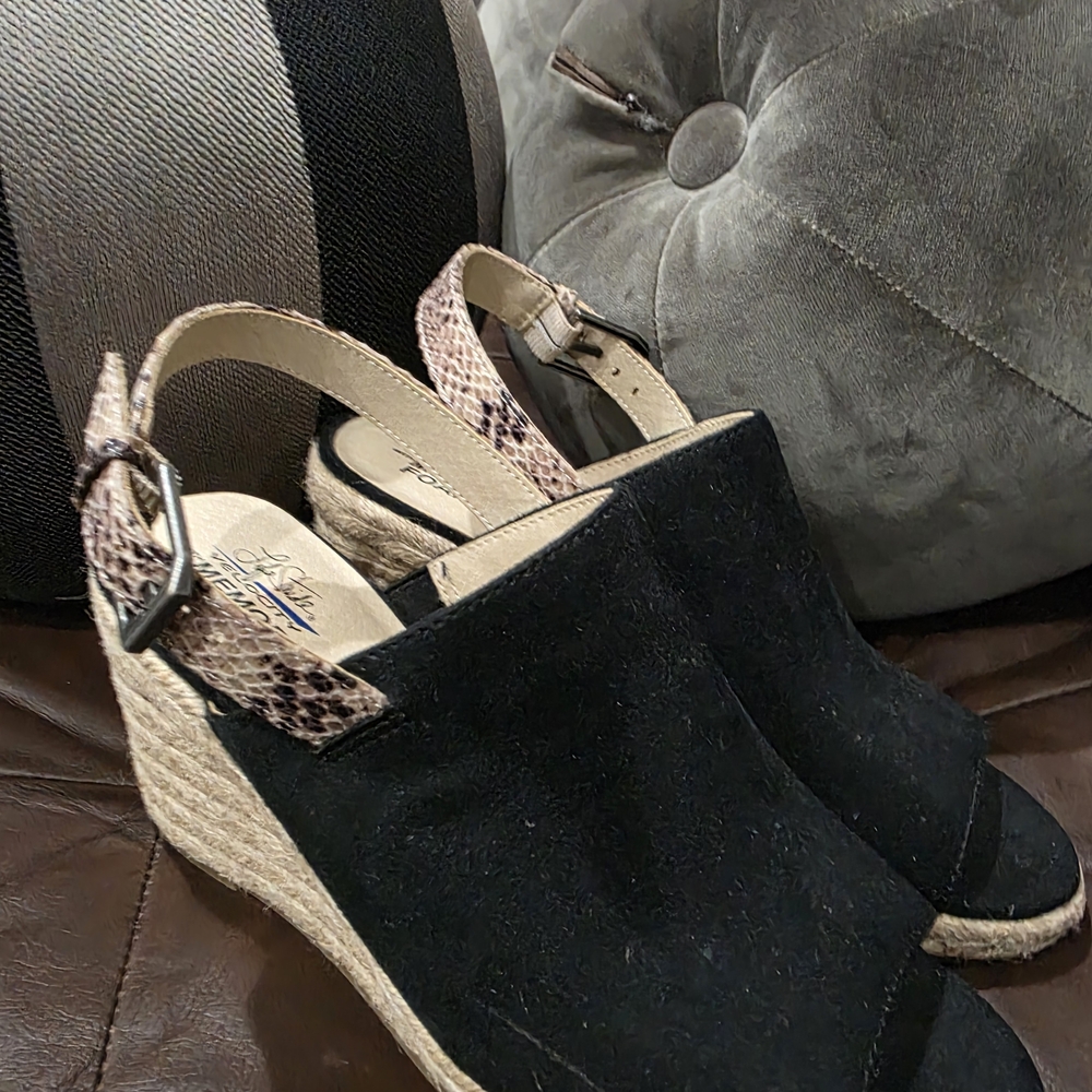 Life Stride Black Suede Wedge Sandals with Snake-Print Strap